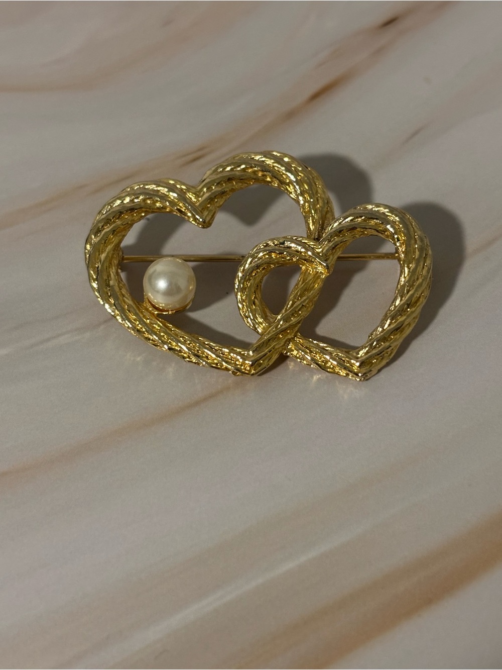 Vintage AAI Gold-Tone Double Heart Brooch with Faux Pearl Accent 2”